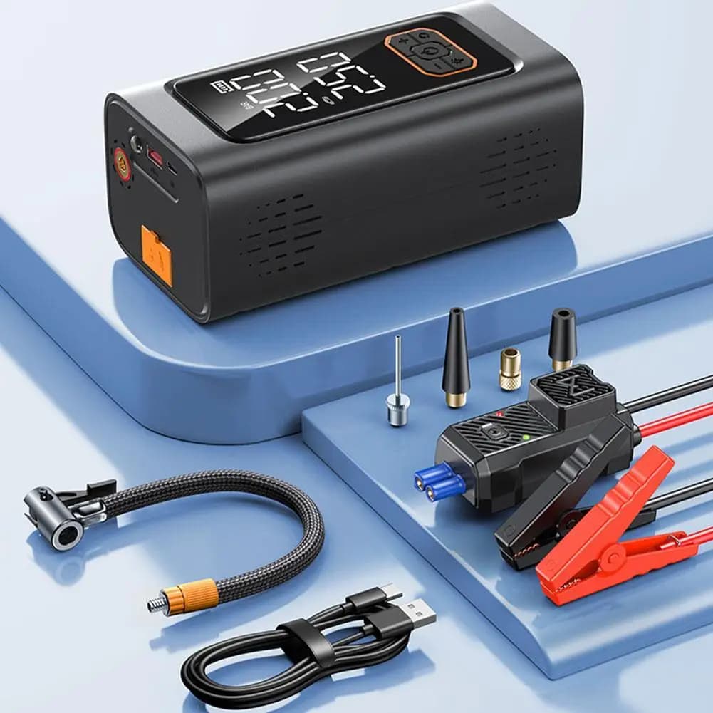 Avviatore di Emergenza Portatile 6000A 4 in 1 con Compressore d'Aria + Torcia + Custodia per il Trasporto e Gonfiatore Pneumatici Auto