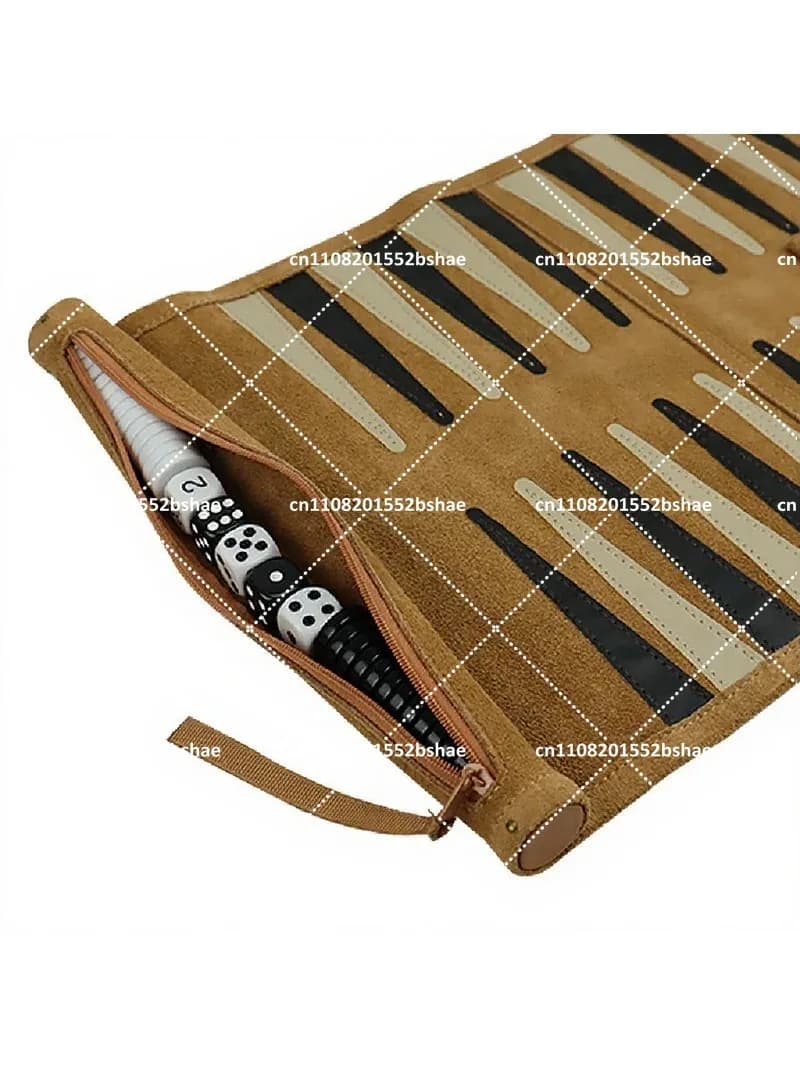 Portable Backgammon Set Roll Up Storage Suede Case with Black White Pieces Travel Board Game Outdoor Fun