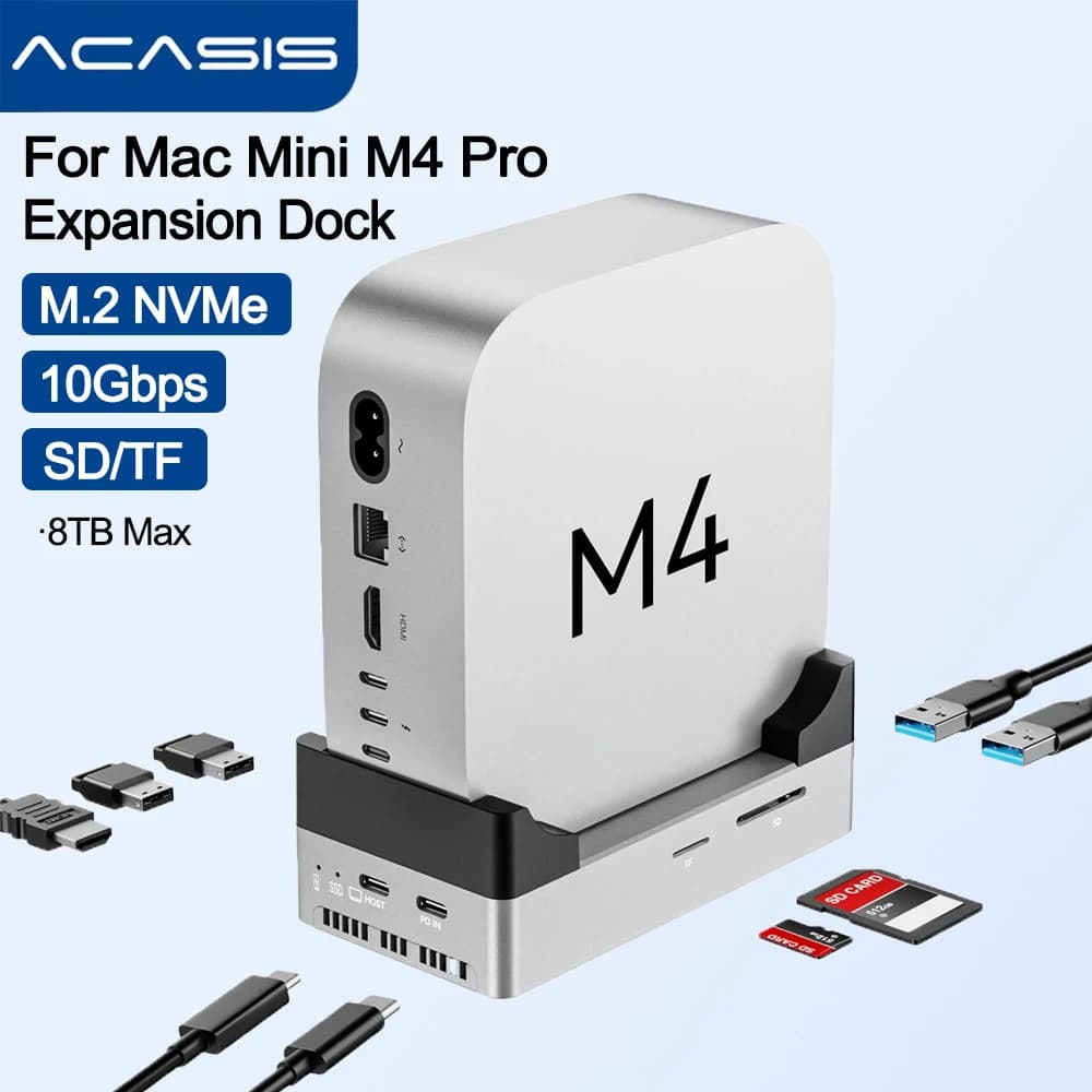 Acasis Mac Mini Dock di espansione di archiviazione con custodia SSD M.2 NVMe da 10 Gbps 4K 60HZ TF/SD Dock USB C 8 in 1 per Mac Mini M4/M4 Pro