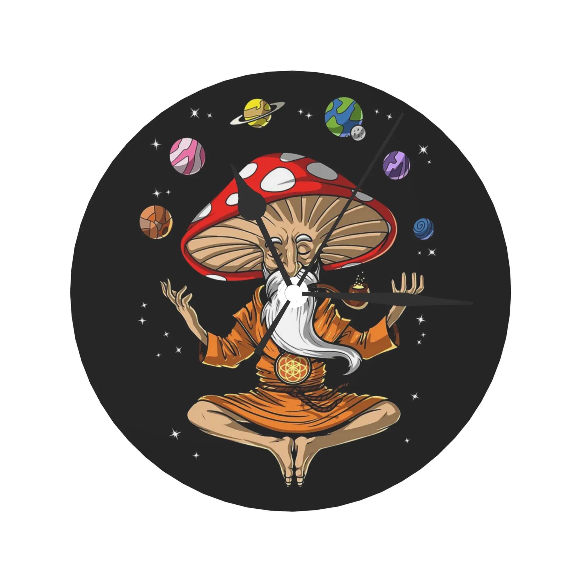 Wall clock with magic mushroom Buddha Room decoration Quiet round watch for bedroom Living room Kitchen Home