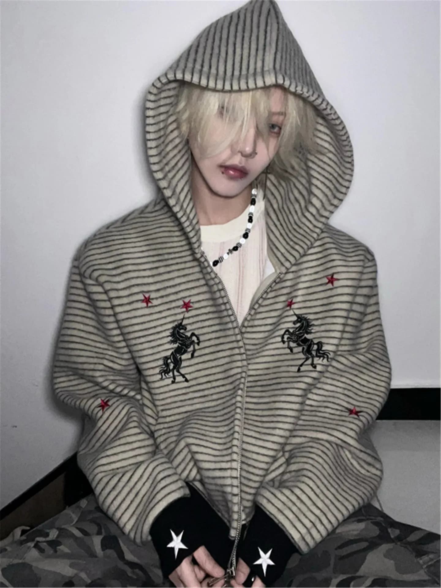 Retro American Red Star Unicorn Hoodie Jacket Women's Loose Zipper Top Spring Autumn Couple's Short Style Comfortable Sweatshirt