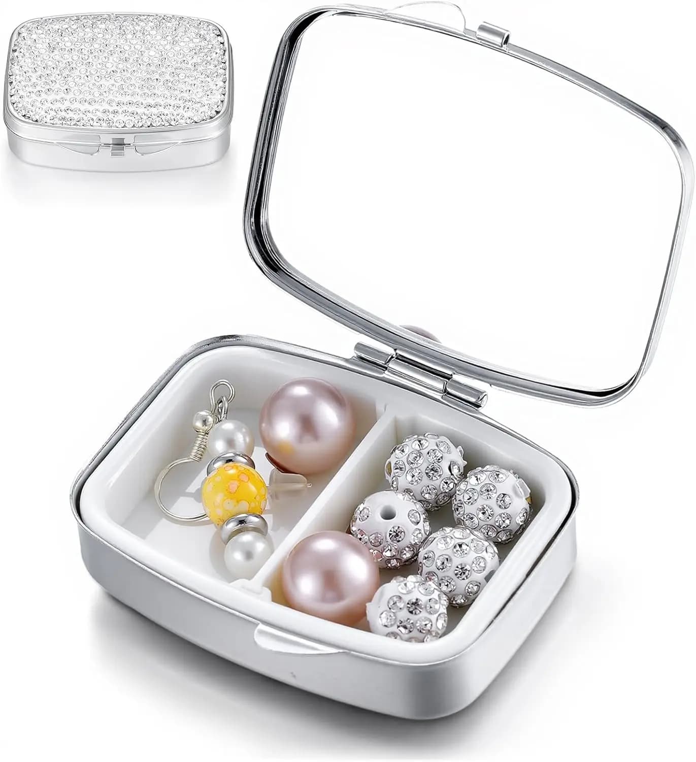 Portapillole a 2 scomparti Bling Portapillole con diamanti in cristallo Portapillole piccolo e carino Organizzatore di vitamine Viaggio portatile per tasca
