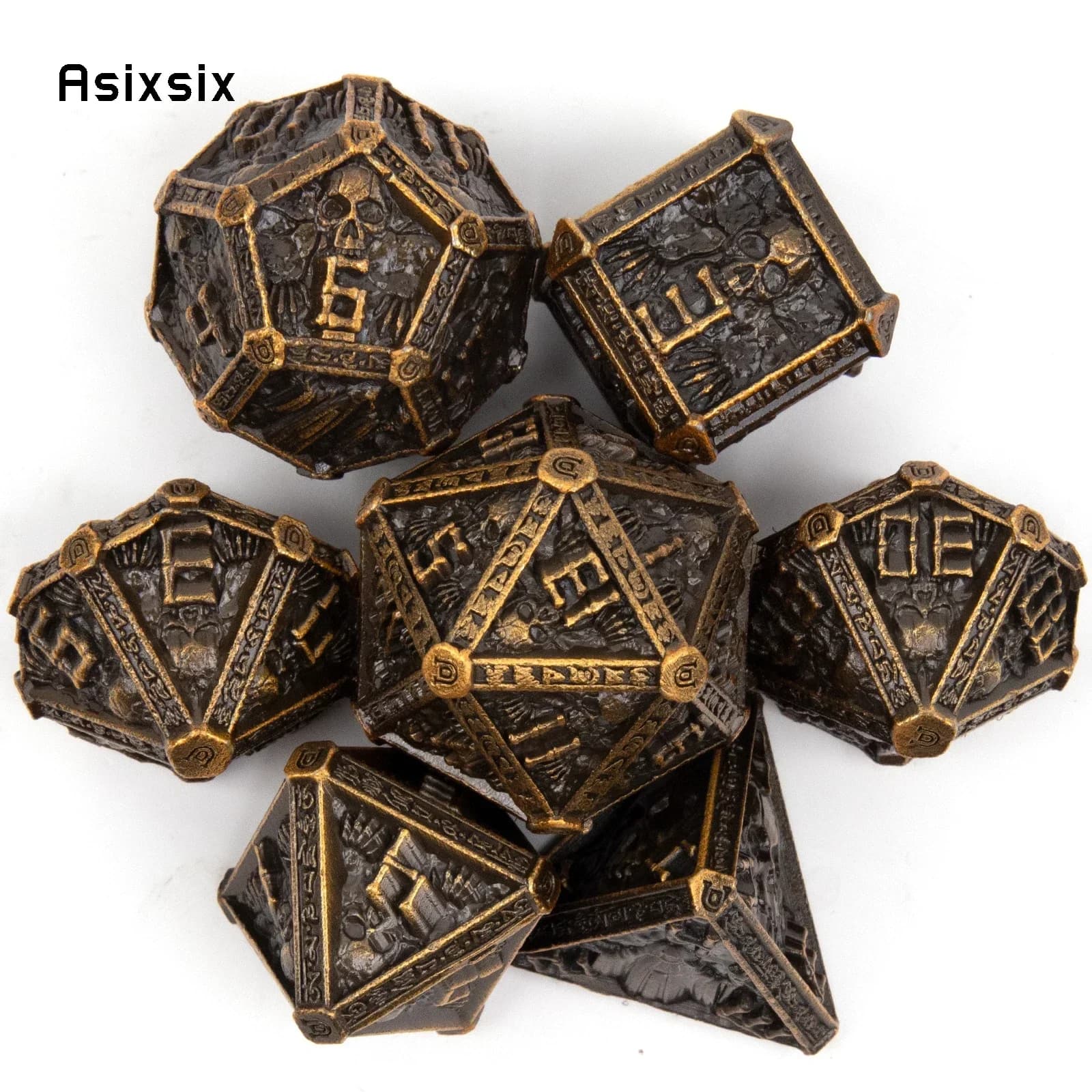 Set di 7 Dadi in Metallo a Forma di Teschio in Rame, Perfetti per Giochi di Ruolo, Giochi da Tavolo e Giochi di Carte. Dadi per Giochi, Set di Dadi D&D