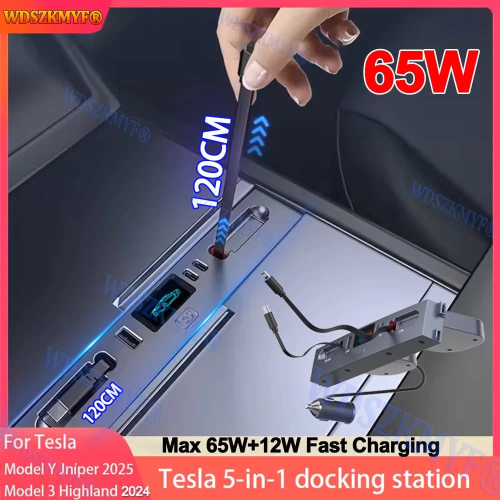 65W/45W Quick USB Charger Shunt HUB 5in1 Smart Docking Station for Tesla Model 3 2024-25/Modello Y 2025 Powered Car Adapter