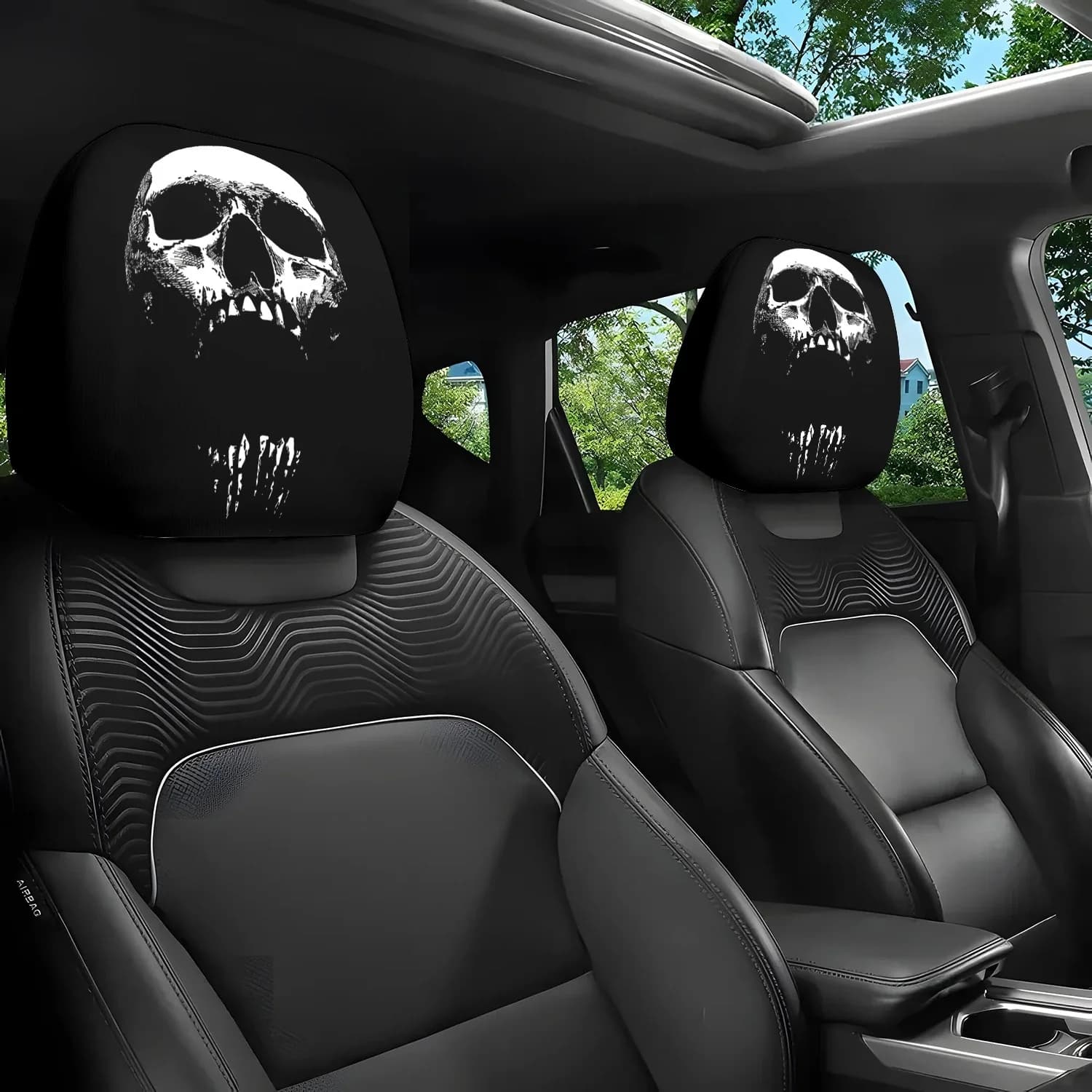 2 headrest covers for cars with skull theme print, not padded, comfortable and elegant, suitable as protections for car headrest.