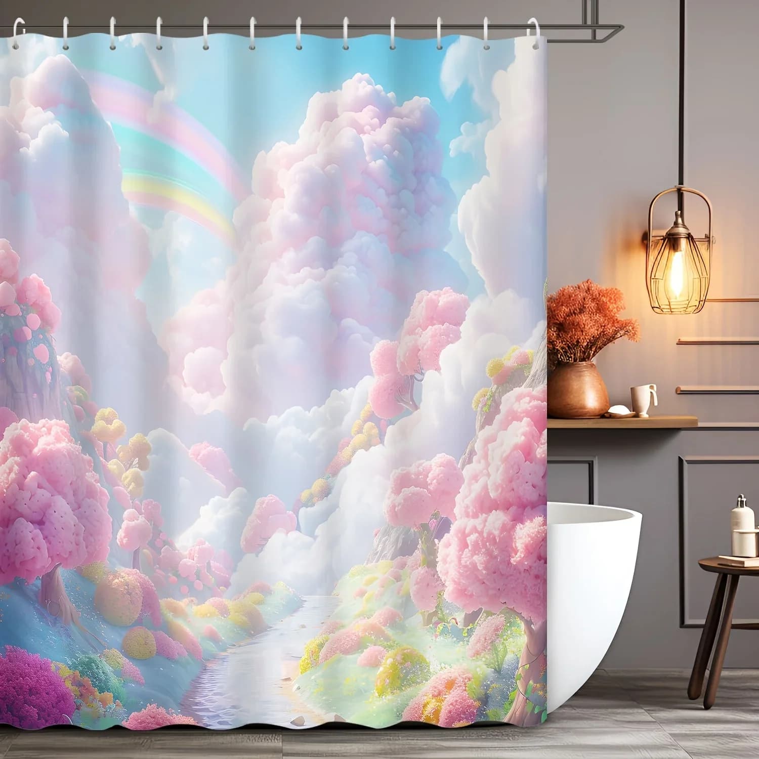 1 tenda da doccia Whimsy Woods Rainbow Clouds, poliestere resistente all'acqua, passacavo superiore, lavabile in lavatrice