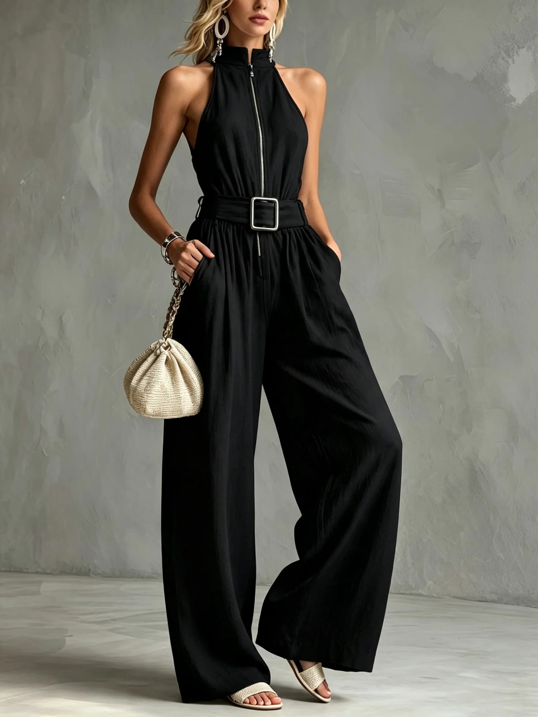 Women Halter Sleeveless Jumpsuit Front Zipper Square Buckle Belt Wide Leg Long Pants Elegant Casual Black Overalls With Pockets