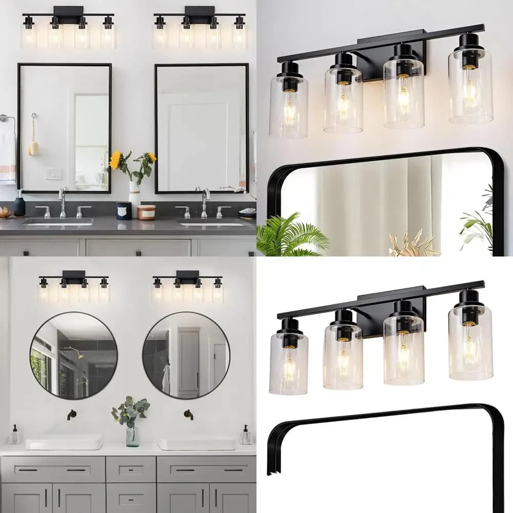 Lampada da toeletta moderna per bagno in fattoria, applique da parete nera a 4 luci con paralume in vetro per specchio, adatta a varie stanze