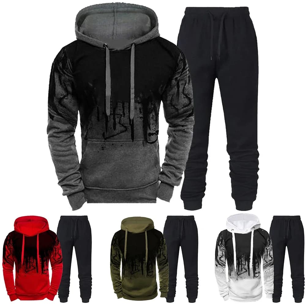 Sporty Men's Suit Spring Autumn, Set 2 Pieces with Mimetic Sweatshirt and Pants, Sportswear with 3D Printing, Jogging with Hood