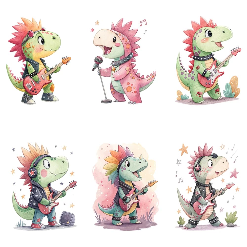 15cm Punk Guitar Rock Star Dinosaur Animal Diy DTF Heat Transfer Sticker T-shirt Clothes Decals Iron On Transfer Stickers