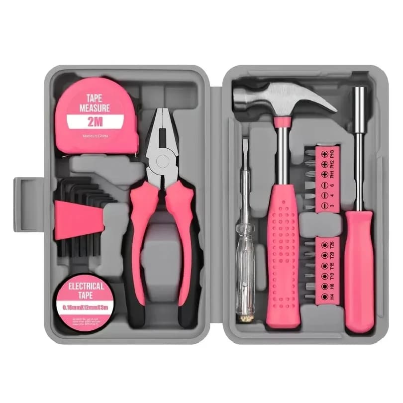 23+1pcs Pink Tool Set, Metal Hand Tools in Classic Barn Tool Box, Home Repair Kit, Durable Ladies Tool Kit