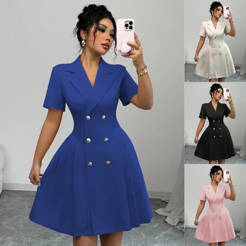 Abito elegante a maniche corte in tinta unita con scollo a V Gonna al ginocchio Abito doppiopetto in vita aderente per donna Robe Femme Summer