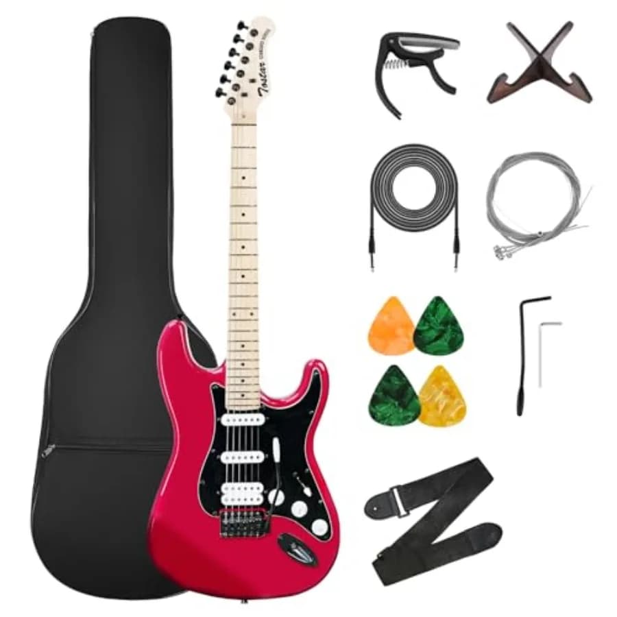 Chitarra Elettrica Rossa Full Size a 6 Corde con Pickup HSS, Borsa Gig, Capotasto, Tremolo, Tracolla, Plettri e Amplificatore 39 per Principianti - Idea Regalo