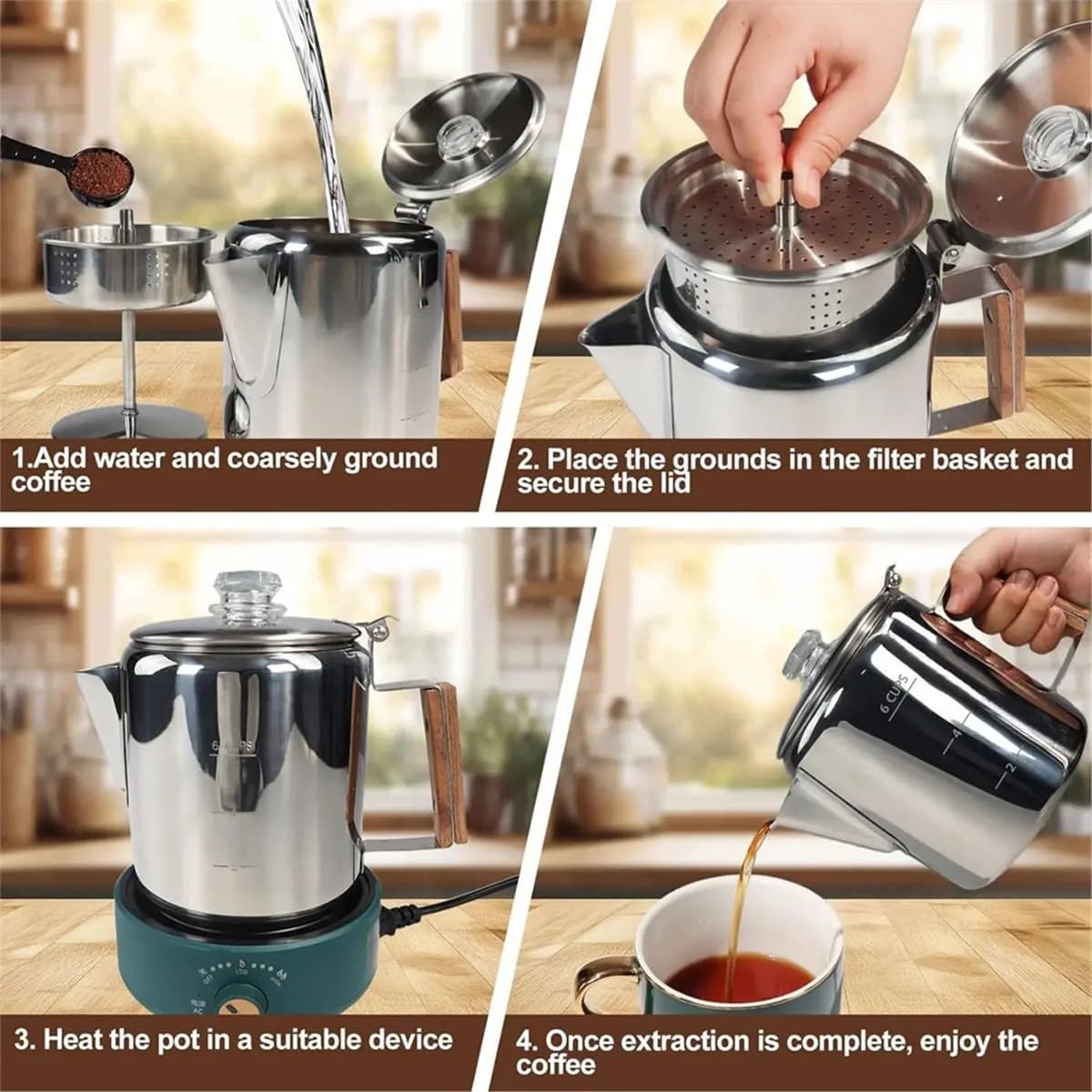 6 Cup Percolator 304 Stainless Steel Coffee Pot Coffee Maker with Handle Stovetop Mocha for Home and Camping 1000ml