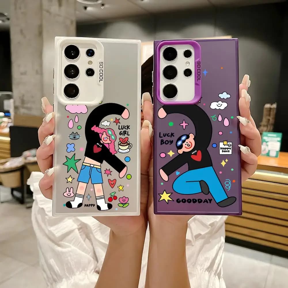 Divertente Cover per Telefono con Cartoni Animati di Ragazze e Ragazzi per Samsung Galaxy S25 Edge S24 S23 S22 S21 S20 Ultra, Custodia in Silicone Argento
