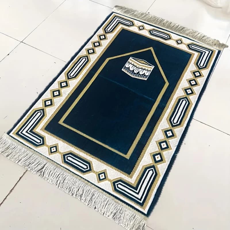 Muslim Prayer Mat VIKAMA Blue Dark Blue – Portable Prayer Mat for Home and Travel, Religious Mat for Hajj