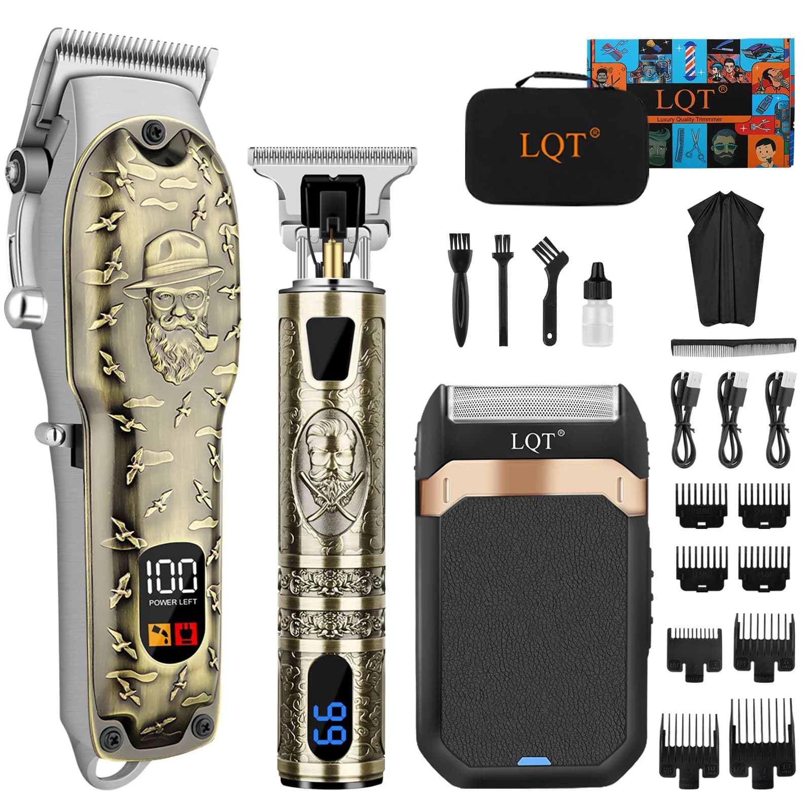 LQT Professional 3 in 1 men's hair cutter, rechargeable via USB and cordless, adjustable and razor, ideal gift for men