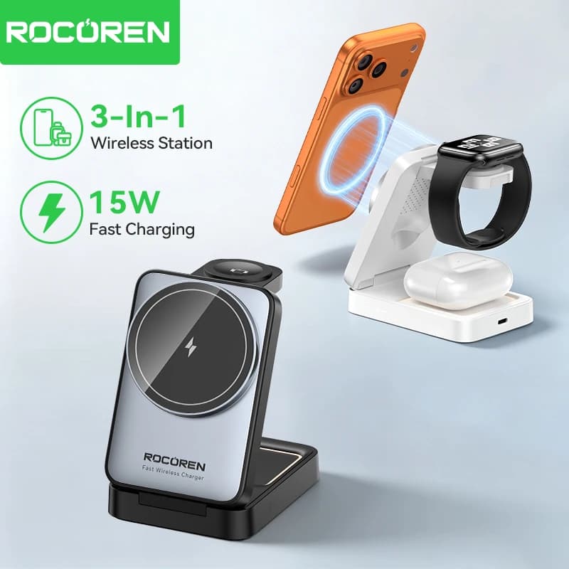 Rocoren 15W Max Magnetic 3-in-1 Wireless Charger Fast Charging Stand Charger For iPhone 17 16 15 Pro Max AirPods Charger iWatch