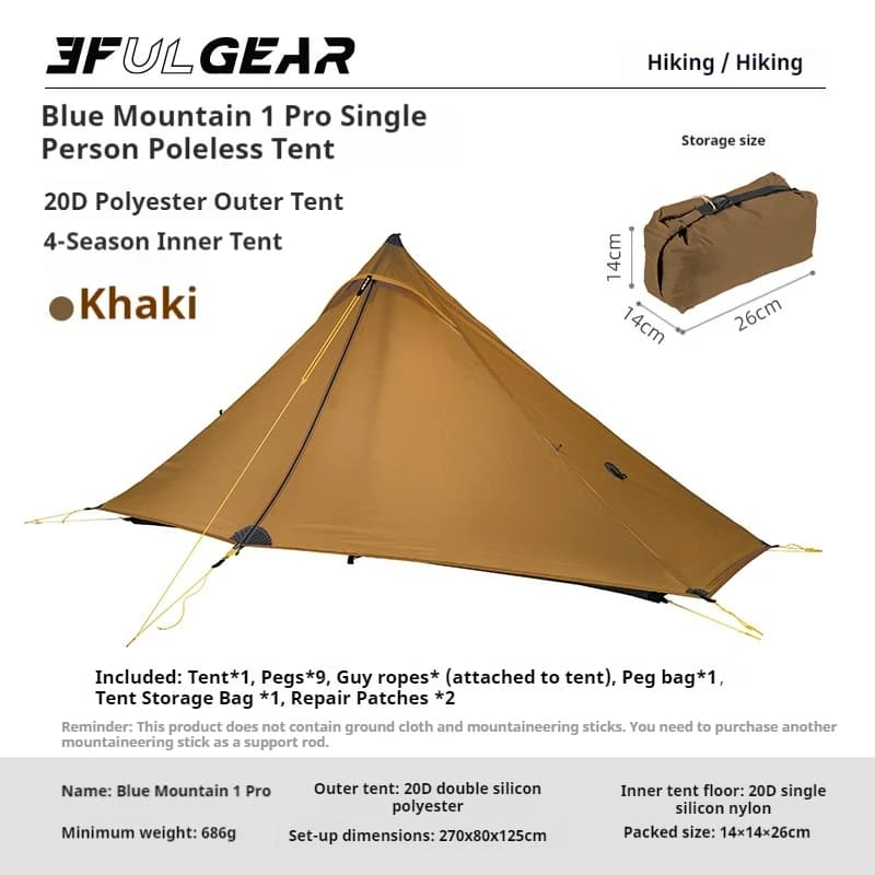 Tenda Piramidale 3F UL GEAR LanShan 1 Pro, Rivestimento in Silicone 20D, Ultraleggera per 1 Persona, Impermeabile, Senza Pali, per Campeggio e Escursionismo