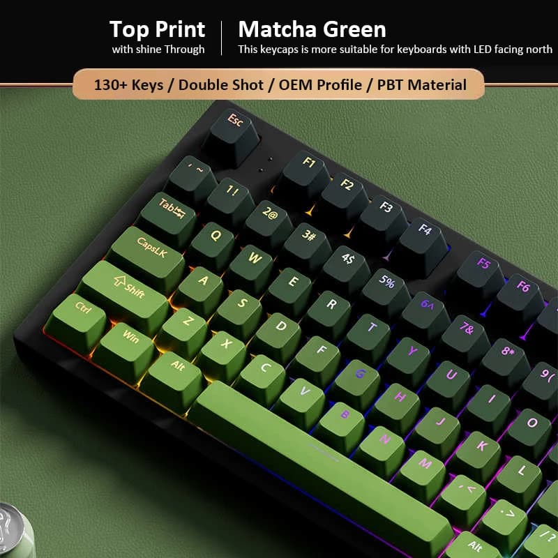 Set of 133+ Matcha Green Keys in PBT Double Shot, Transparent Keycaps, OEM Profile for Cherry MX Switch, Gaming Keyboard
