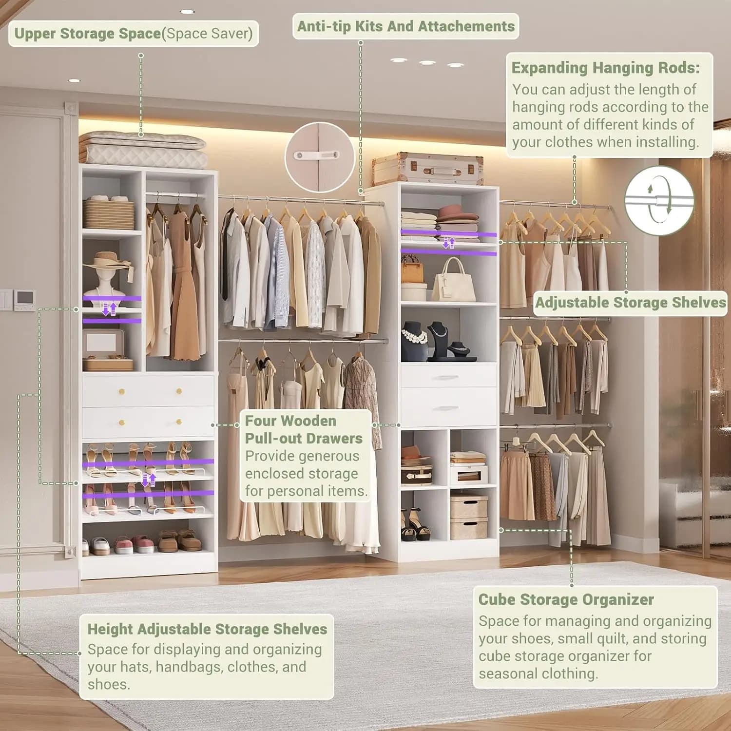 Closet System, Up to 128.6"/10.7 FT Closet Organizer with 4 Wooden Drawers and Shelves, Walk-in Closet System with, Customized
