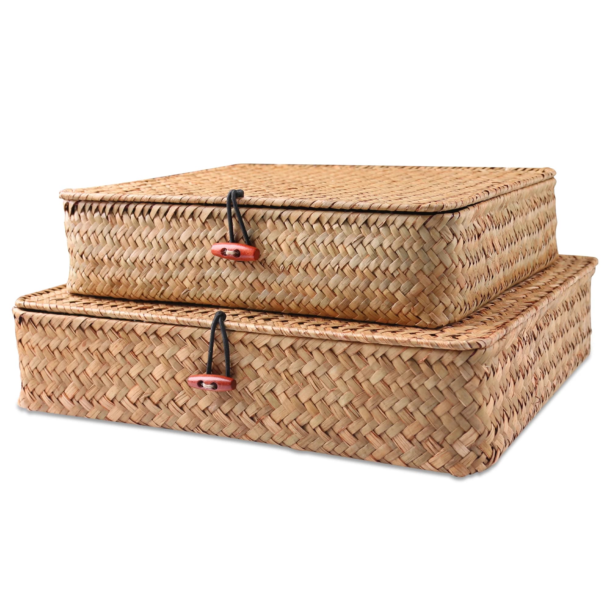 Cestini in alghe marine da 2 pezzi con coperchio Cestino portaoggetti in vimini Contenitori portaoggetti piatti in rattan Cestino organizer intrecciato per mensola, armadio, camera da letto