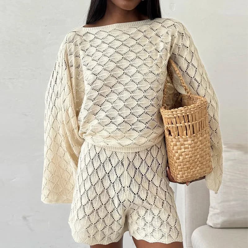 New women's spring/summer set with bell sleeves, high waist shorts, knitted top and trousers, two-piece fashionable set.
