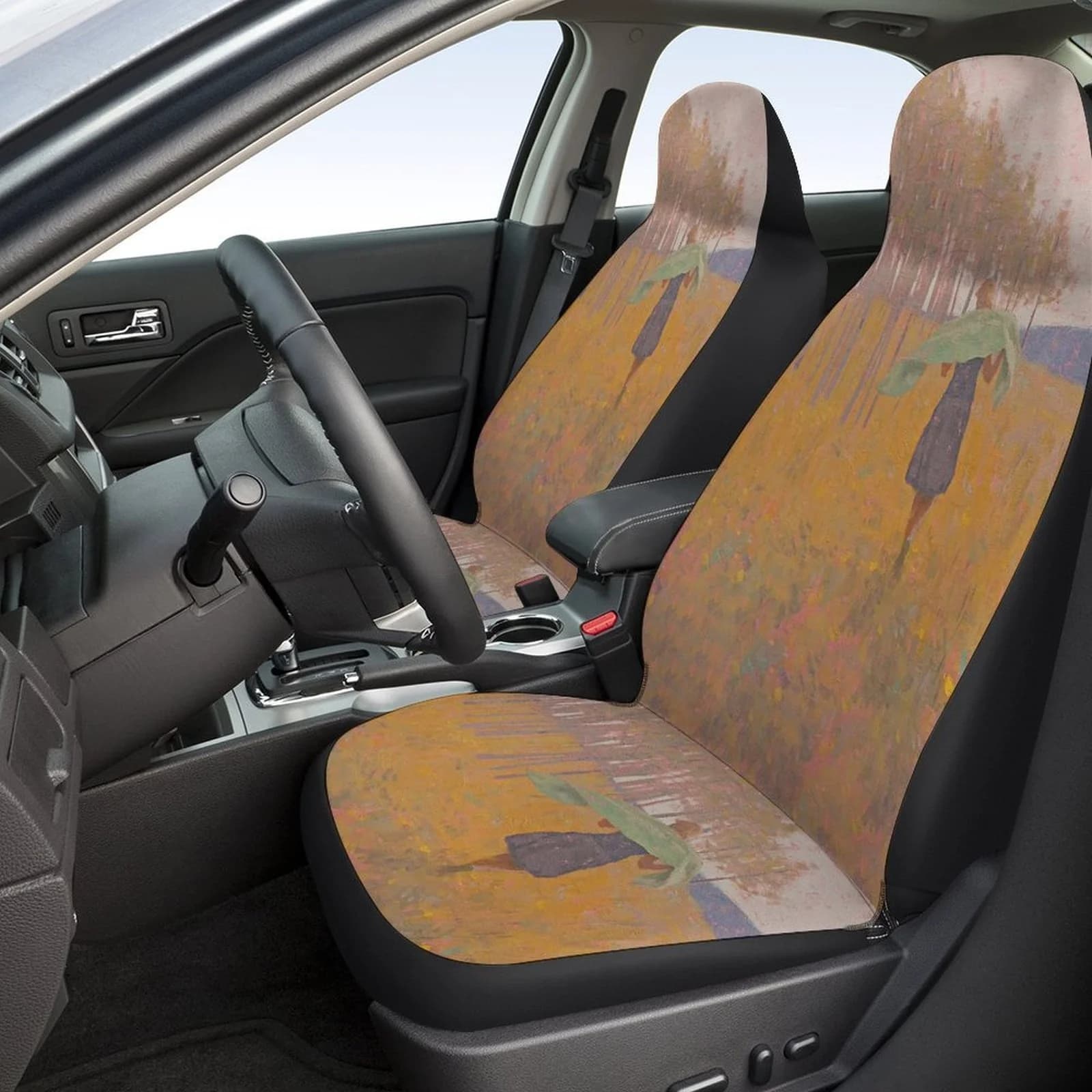 2 front covers for breathable and anti-slip cars with a beautiful girl in a romantic and artistic forest lawn.