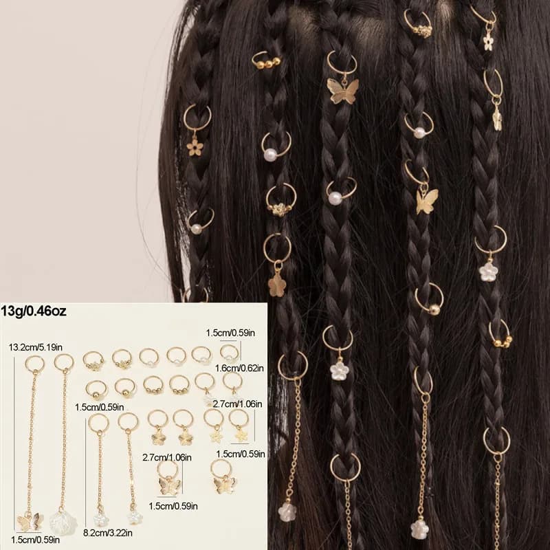 22pcs Hair Rings Adjustable cuffs Clips for Hair Chain Butterfly Pearl Shell Dreadlock Saws dirty hair fork for women