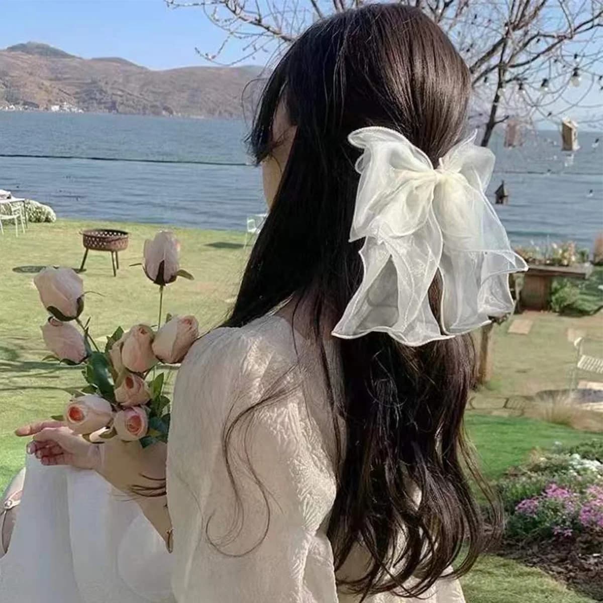 1/3PCS Archi per capelli Fermaglio per capelli Bianco Blu Nero Fiocco per capelli Filato per donne Accessori per capelli per ragazze Estetico Raso setoso Morsetto in metallo