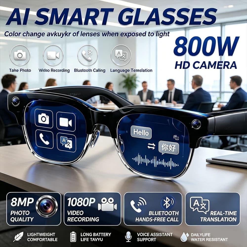 Occhiali Smart AI 2026 con Fotocamera 4K HD 800W, Memoria 32GB, Traduzione 140+ Lingue, Riproduzione Musica ChatGPT, Foto e Video, Occhiali da Sole Uomo Donna