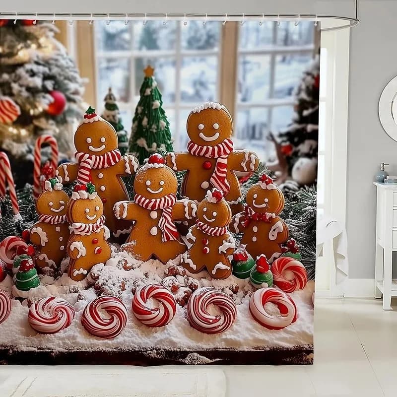 Christmas Snowflake Gingerbread Man Candy Cane Christmas Tree Bathroom Shower Curtain No Drilling with 12 Hooks