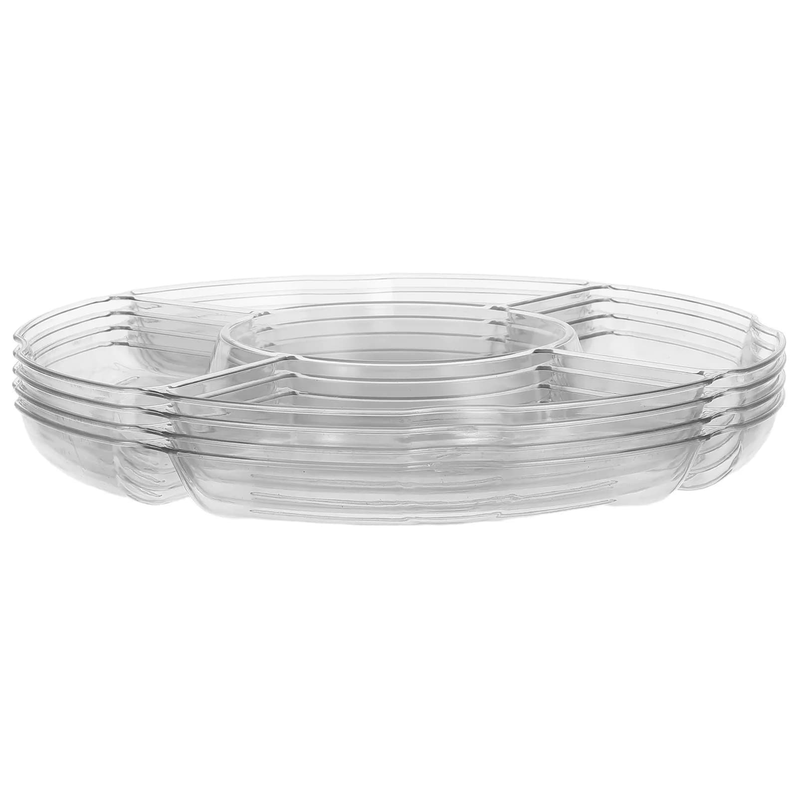 Set di 4 Vassoi Trasparenti in Plastica con 5 Scomparti, Piatto Rotondo per Frutta, Organizzatore per Snack e Frutta Secca per Feste