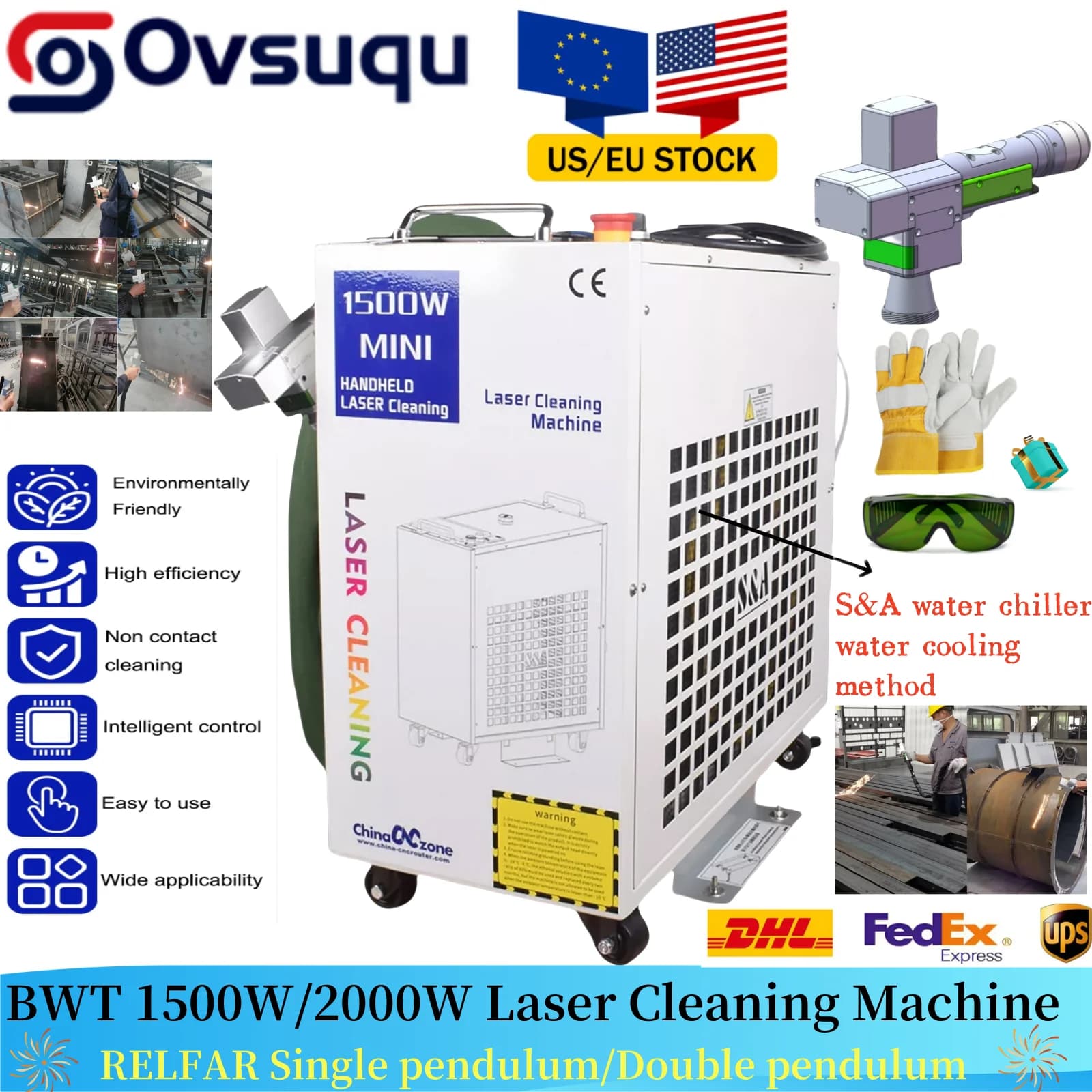 Macchina per la pulizia laser BWT 1500W/2000W Testa di pulizia Relfar Singolo/Doppio pendolo Laser in fibra Ruggine Rimozione dell'olio della vernice per metallo