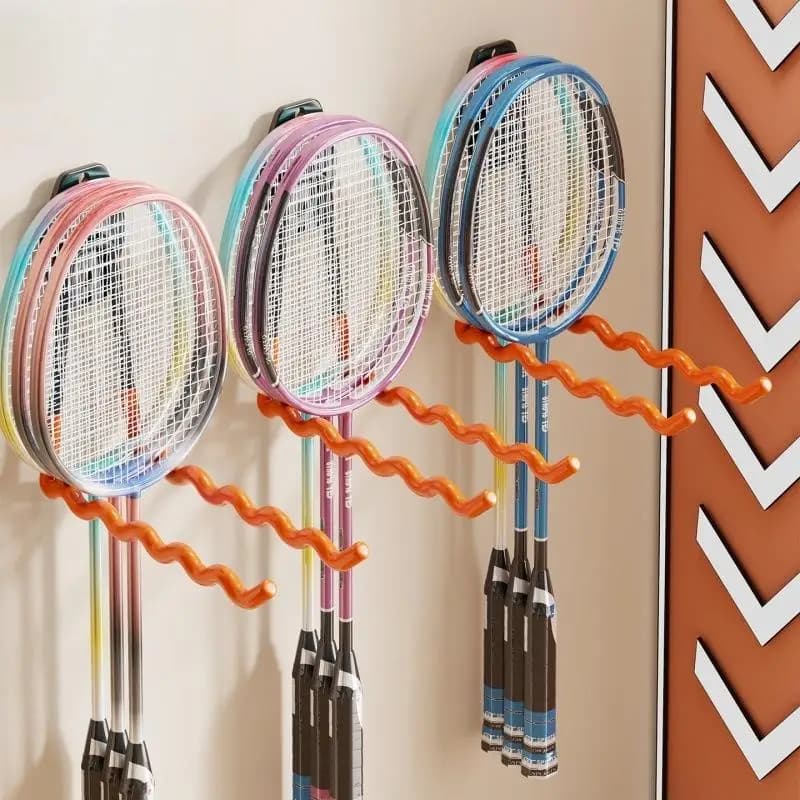 Porta Racchette da Badminton da Parete Senza Foratura, Supporto a 3 Scomparti con Gancio per Palline per Tennis, Pickleball, Ping Pong