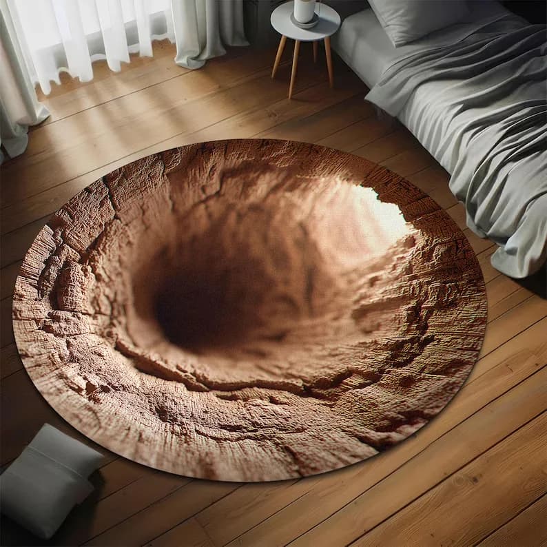 3D Mountain Hole Printed Rug Mountain Tunnel Illusion Round Carpet Rustic Rock 3D Printed Rug Nature Cave Hole Round Area Rug