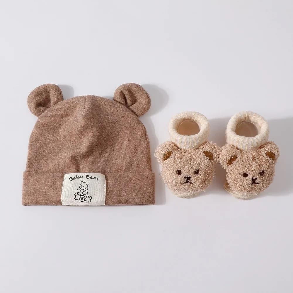 2Pcs/Set Cute Cotton Hat Socks Set Soft Warm Bear Ear Beanie Cartoon Breathable Prewalker Socks Autumn Winter