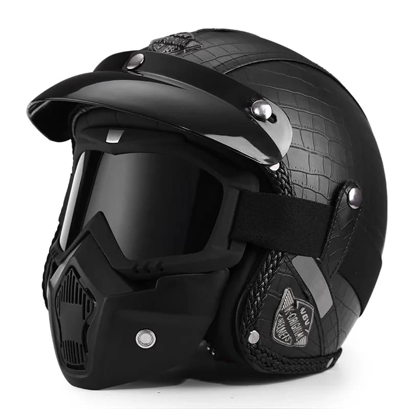 VGV Leather material Vintage Motorcycle Helmet Removable mask 3/4 Helmet open face Unisex adults children&adolescents All season