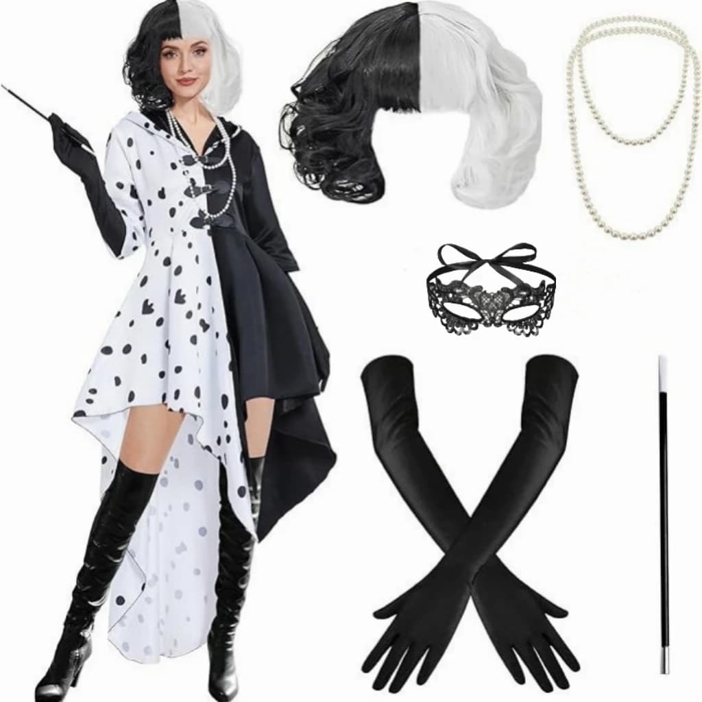 Women Inspired Cruella Cosplay Set Black‑White Spotted High Low Dress Wig Gloves Necklace Mask Cane Halloween Fancy Costume