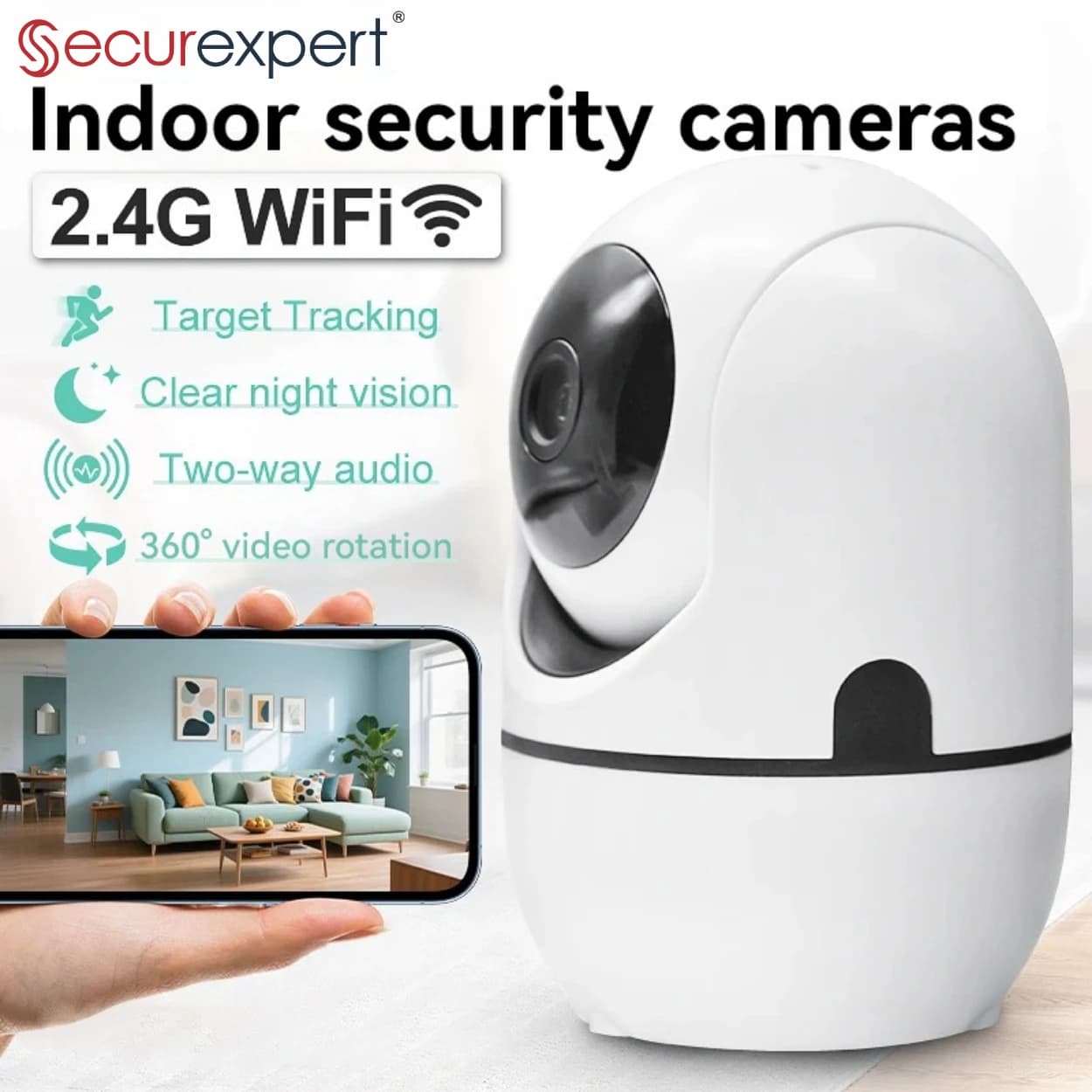 Telecamera di Sicurezza WiFi Smart 2K Securexpert 360 ° Monitor per Bambini con Tracciamento Automatico PTZ, Rilevamento AI e Visione Notturna