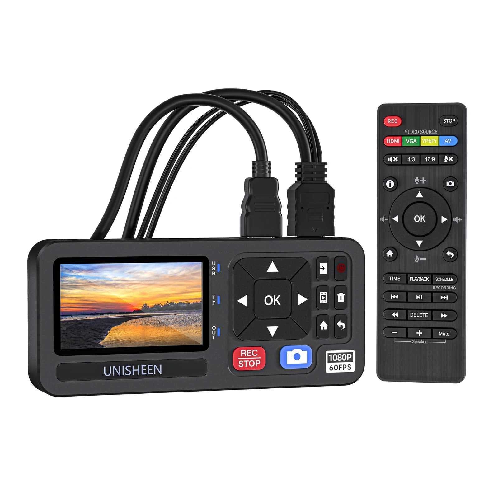 UNISHEEN HD Video Capture Box Convertitore video-digitale 1080P con schermo da 3", ingressi 4K HDMI/CVBS/VGA/YPBPR Videoregistratore