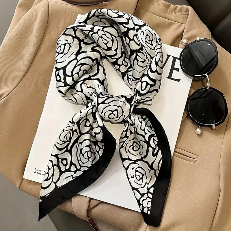 Square Scarf Printed Black White Pink Scarf Thin Neck and silky Luxury Branded Scarf for Solar Spring Protection for Women