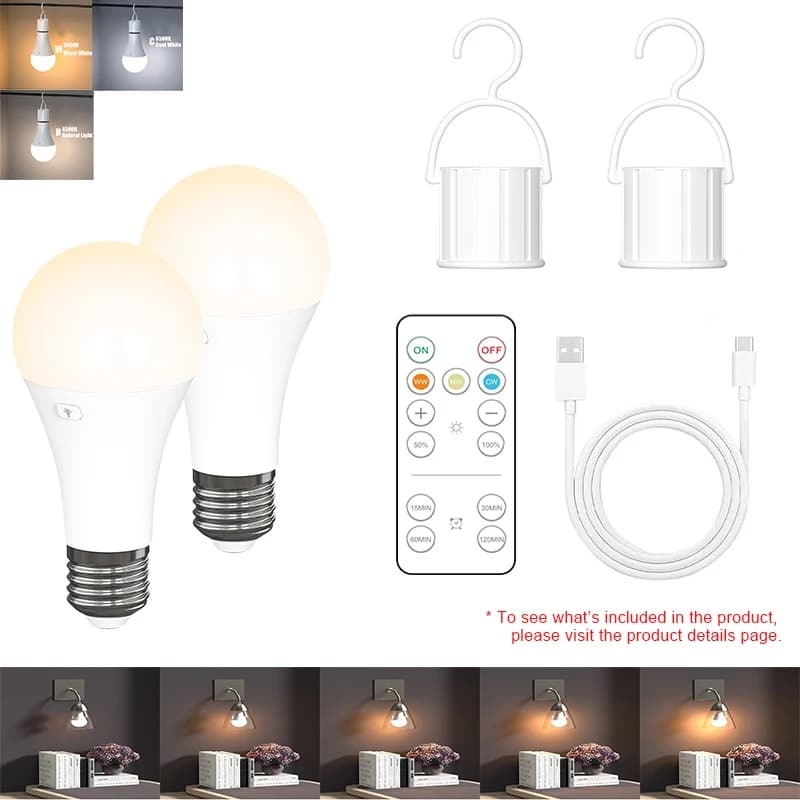 1-2 lampadine USB E26 ricaricabili con telecomando CW, programmabili, 3 colori, per lampade da comodino e applique da parete
