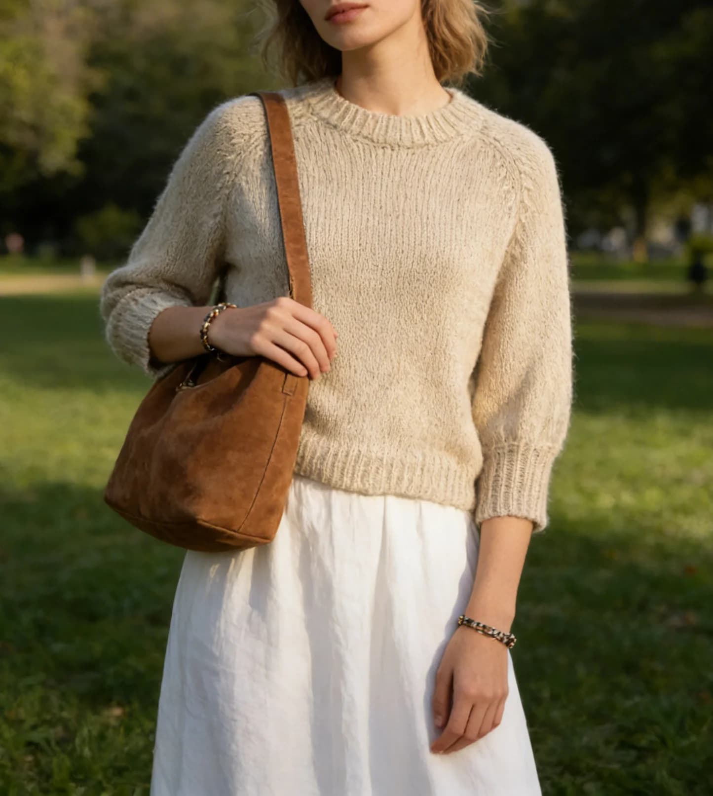 Women's lazy style round neck casual woolen pullover long sleeved top, fashionable, loose and versatile, looking slim