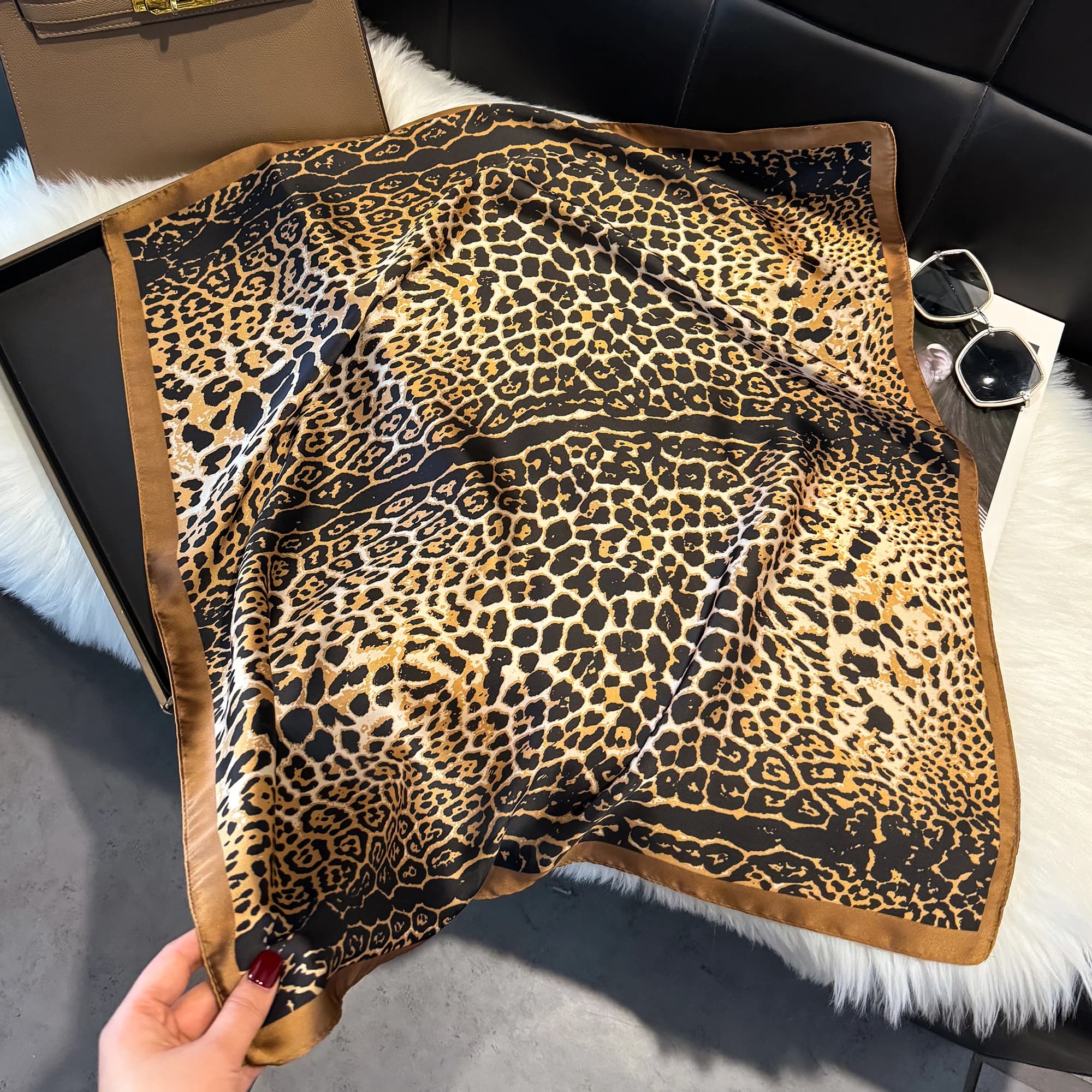 Luxury Square Scarf with Leopard Print, Soft Satin Bandana, Antique Vintage Scarf, Silk Fin Travel Scarf, Beach Towel