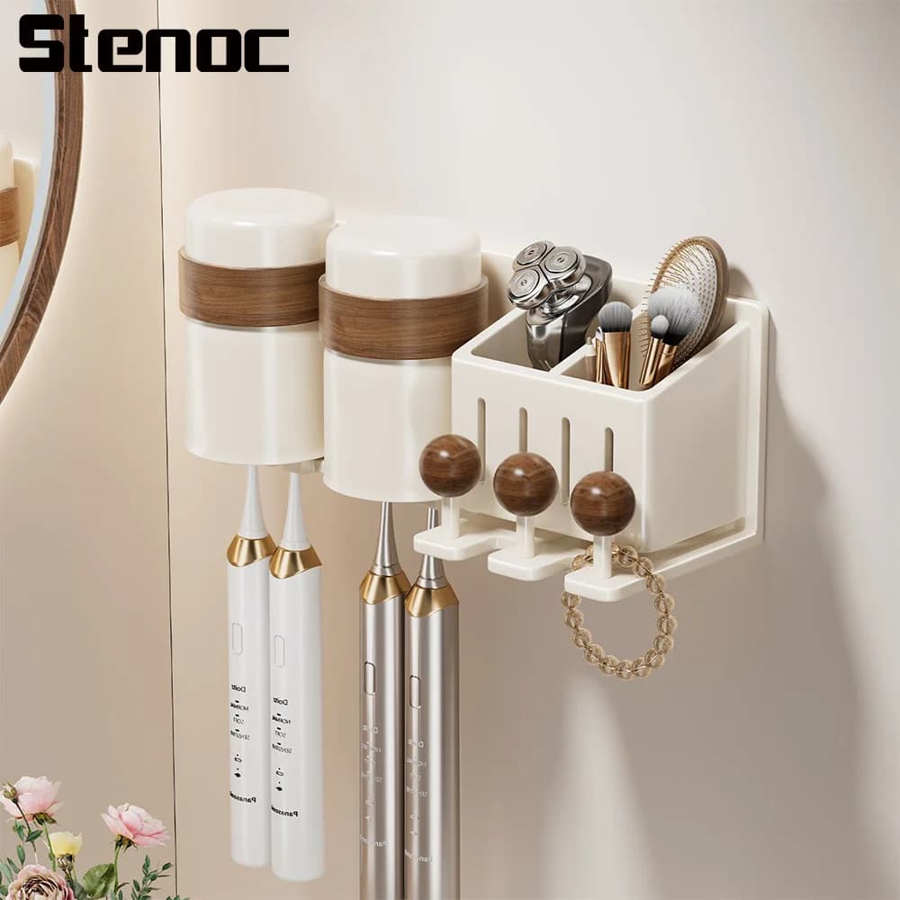 Bathroom Carbon Steel Wood Multifunctional Toothbrush Rack And Mug Holder Toothbrush Storage Rack Mouthwash Cup Hanging Rack