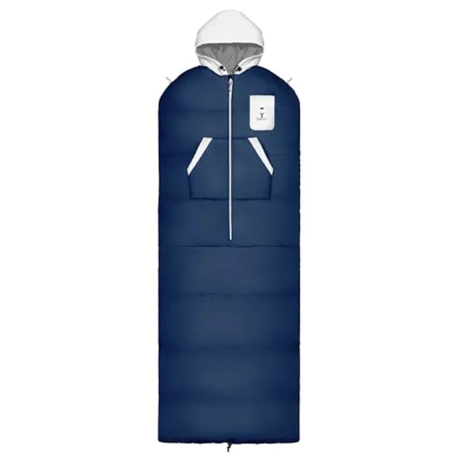 Sacco a Pelo Indossabile Thermotuff con Doppio Cappuccio, Fori per le Braccia con Cerniera, Tasche e Cordoncino Regolabile - Ideale per Campeggio in Clima Freddo