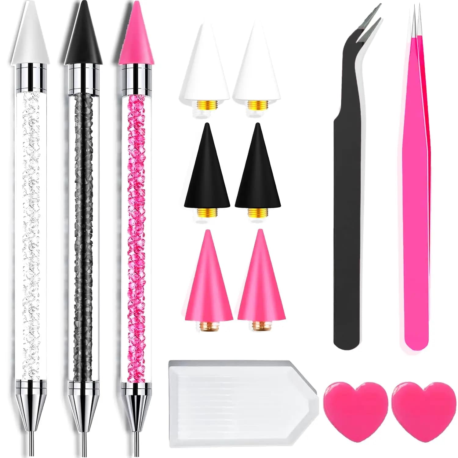 Kit da 14 Pezzi per Applicazione Strass con Penne a Doppia Punta, Punte in Cera, Pinzette e Vassoio Portaoggetti per Gemme Nail Art