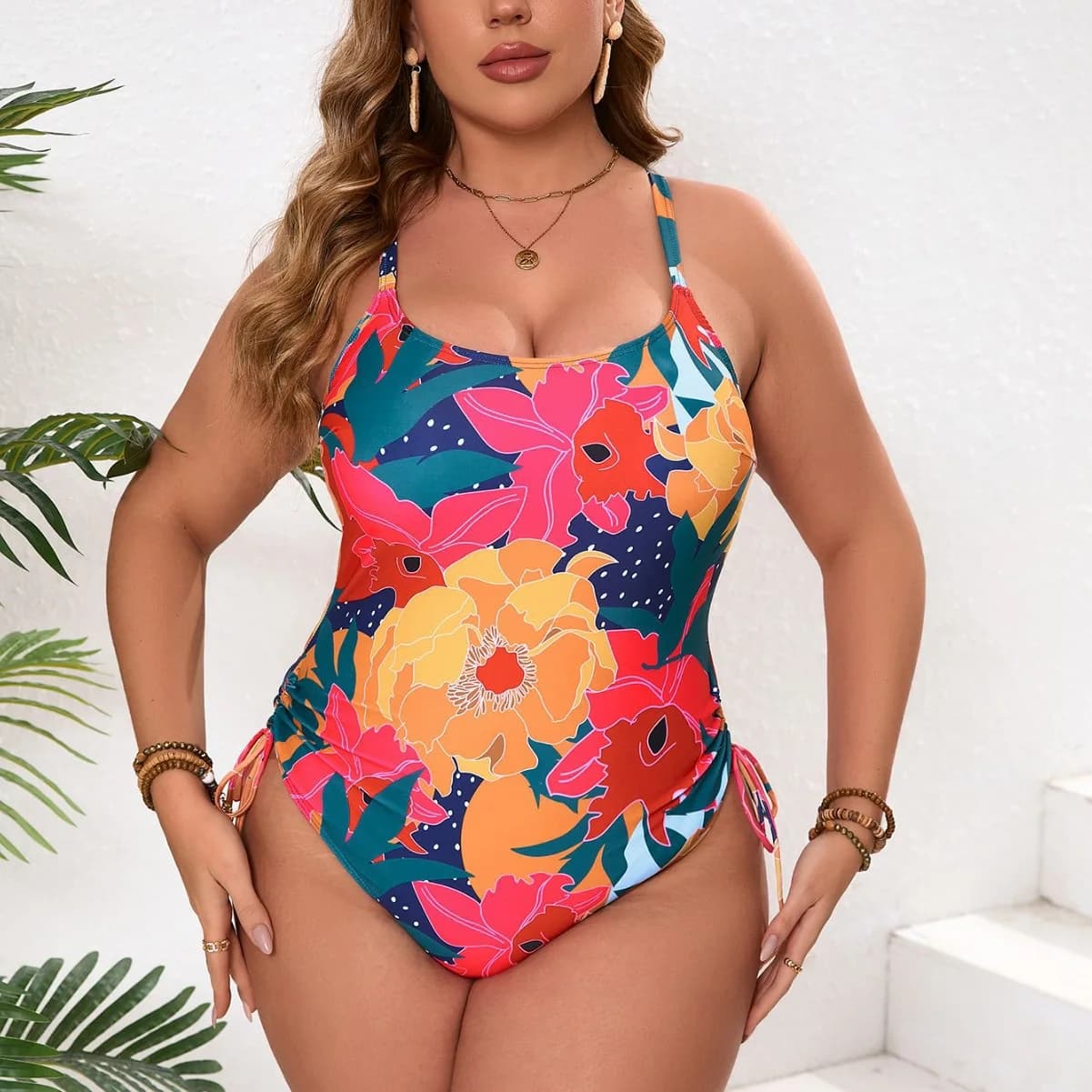 2026 New European and American Large Size One-piece Tight Digital Flower Printing Plus Fat Plus Bikini Swimsuit for Women