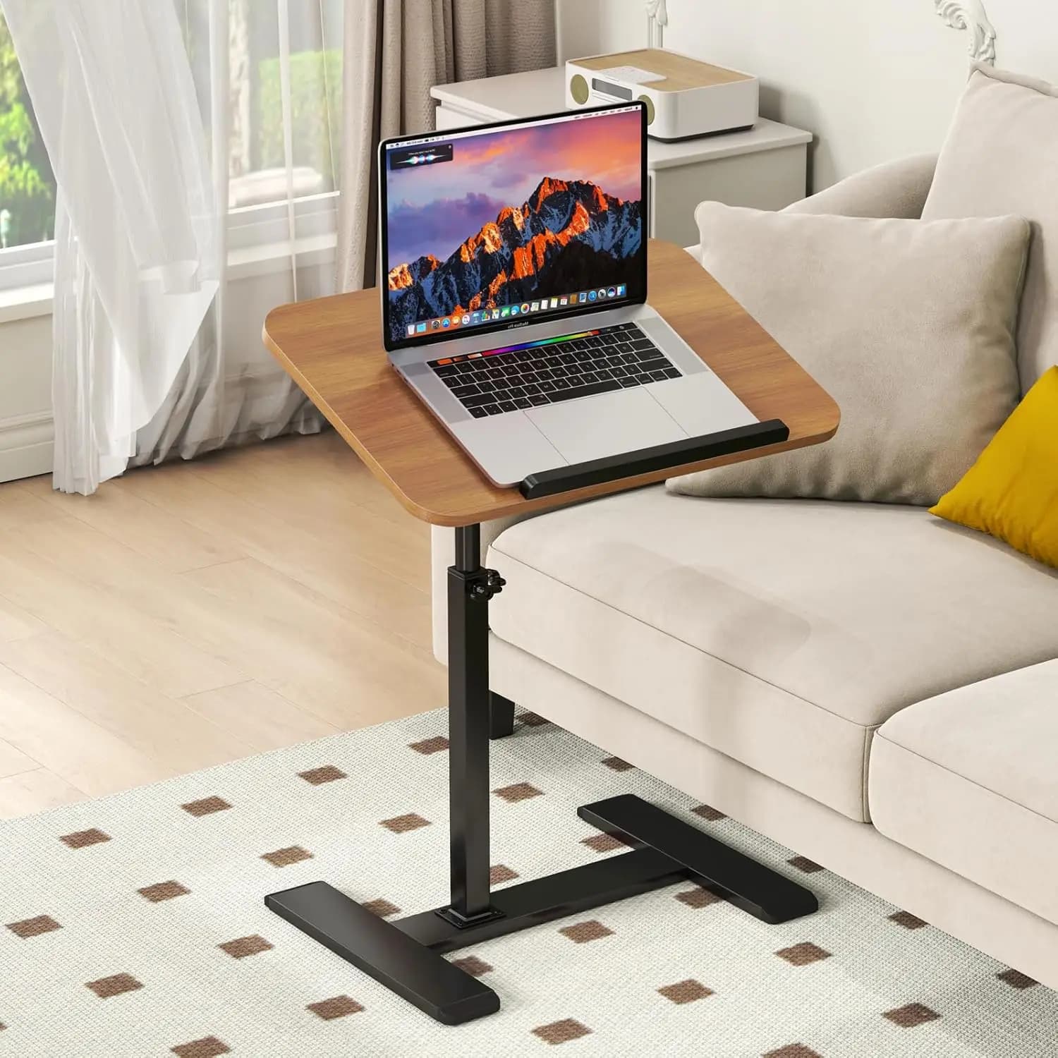 Tavolino Laterale a Forma di C con Altezza Regolabile, 360 ° Tavolino Girevole da Letto, Supporto per Laptop Inclinabile con Ruote Nascoste, Mobile
